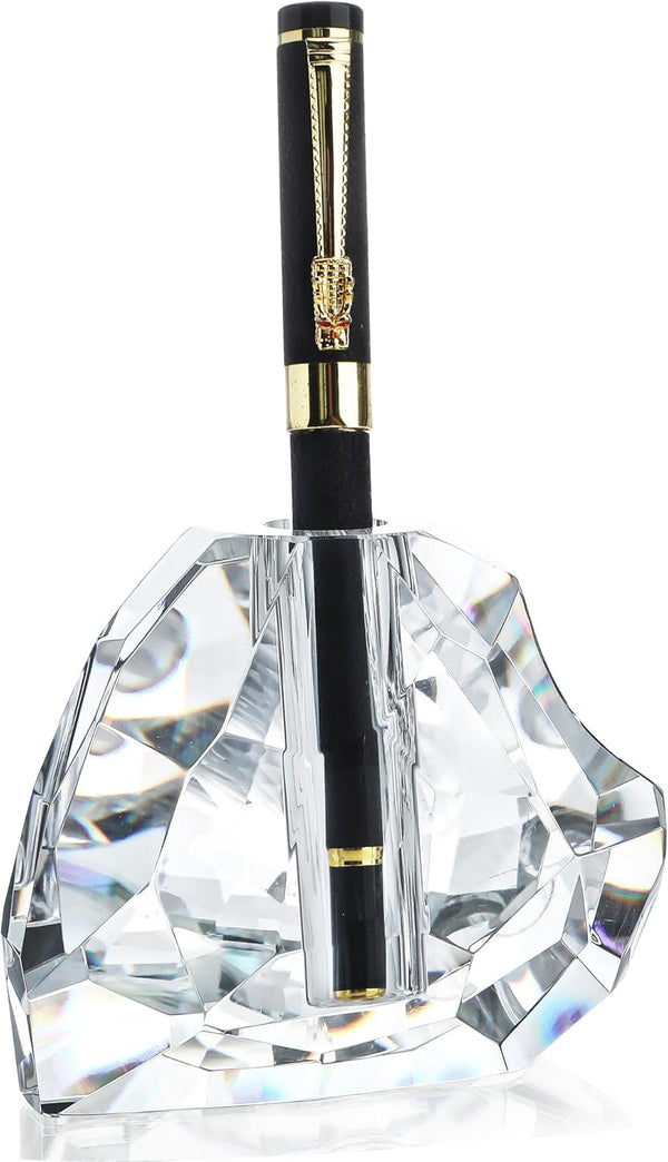 QFkris 3.5'' Crystal Signature Fountain Pen & Pencil Holder, Heart Shaped Glass Cut Pen Stand, Office Supplies Desktop