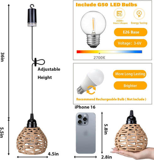 3 Pack Dimmable Outdoor Battery Operated Chandelier, Small Hanging Rattan Pendant Lights with Timer, Warm White