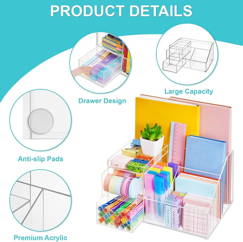 VITVITI Acrylic Desk Organizer, Clear Multifunctional Pencil Holder with Drawer, 8 Compartment Storage