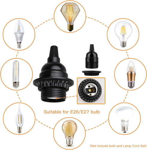 Zevnico 8 Pack E26 E27 Bulb Light Sockets, Black Medium Screw Base with Shade Ring, Retro Period Style Edison Lamp