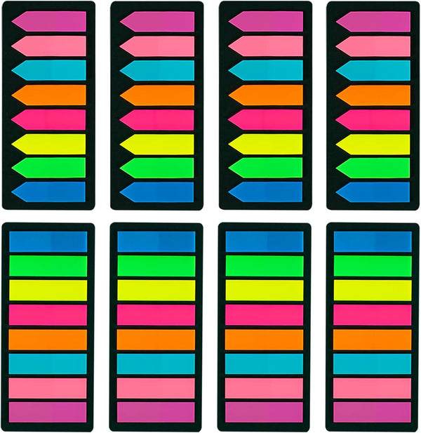 Neon Page Markers Colored - 1280Pcs Index Tabs, 2 Designs, 8 Bright Colors, Arrow Flag Bookmarks, Sticky Notes for