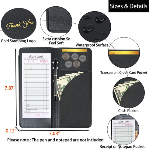 WFD.L Restaurant Check Presenter Leather Guest Order Server Book Organzier with Money Pocket Card Bill Holder Checkbook