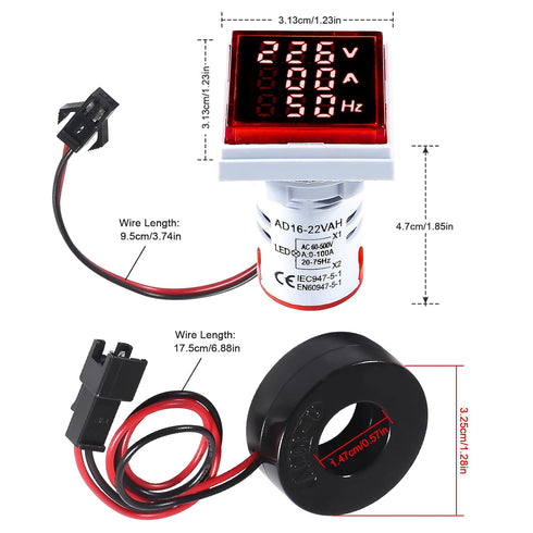 3 in 1 60-500V 0-100A AC Digital Ammeter Voltmeter, 22mm Square Digital Tube Screen with Transformer, LED Display Voltage Detector Current Tester Gauge(Red)