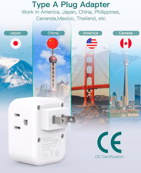 Addtam US to Japan Plug Adapter, 2 Prong to 3 Prong with 3 AC Outlets, 3 USB Ports for Travel Power Plug