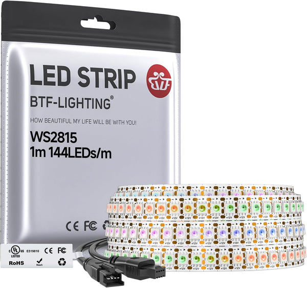 BTF-LIGHTING WS2815 (Upgraded WS2812B) LED Strip Light,UL Listed,3.2FT 144 LED/Pixels,Flexible Chasing RGB,Dual