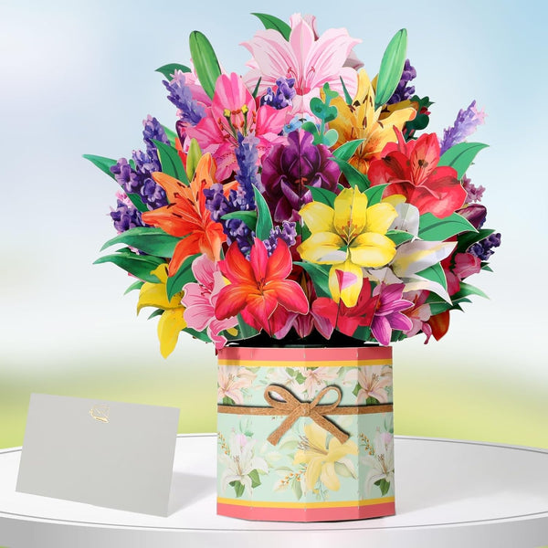 Tidponra Paper Flower Pop Up Cards, Lilies Flower Bouquet Card Popup 3D Greeting