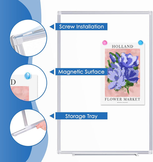 TRIPOLLO Whiteboard Dry Erase Board, 36 x 24 inches, Magnetic, Aluminum Frame, Hanging Marker Board