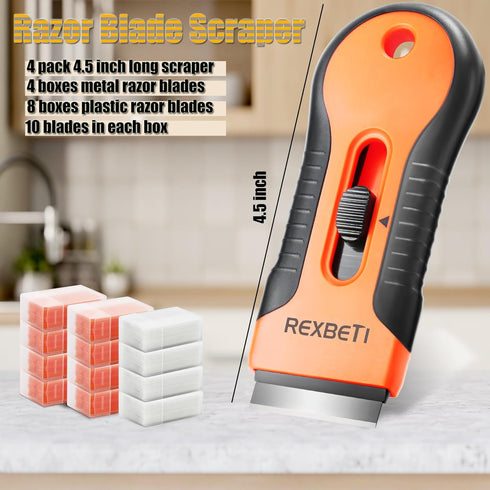 4 Pack Set 120Pcs 40Pcs 80Pcs REXBETI Razor Blade Scraper Tool, Razor Scraper with Extra Razor Blades- Metal