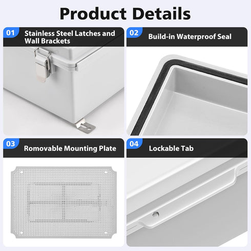Waterproof Outdoor IP67 Junction Box with Mounting Plate, Hinged Grey Cover, Weatherproof ABS Plastic