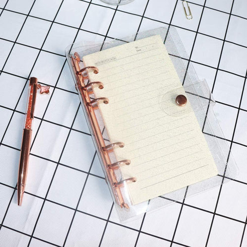Personal A6 Glitter PVC Binder Cover, Clear Soft PVC Notebook Shell, 6 Rose Gold Round Rings