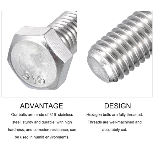 Hex Bolts 5Pcs (3/8-16x5-1/2"), 316 Stainless Steel Fully Threaded Hex Head Screws for Furniture Repair, Silver