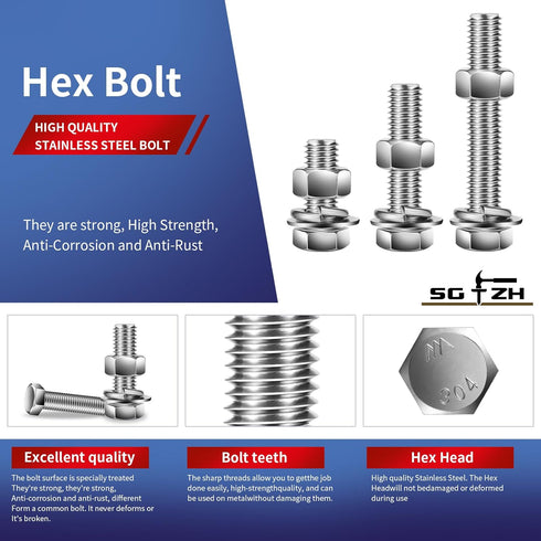 5/16-18 x 3" Hex Head Screw Bolt, Nuts, Flat & Lock Washers, 10Pcs 18-8 Stainless Steel Fully Threaded