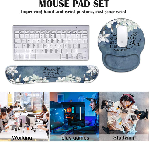Keyboard Wrist Rest and Mouse Pad Support Set with Coasters, Christian Bible Verse Psalm 46:10, Non-Slip PU Base