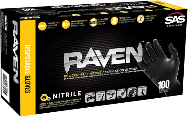 SAS SAFETY CORP 66516 Raven Nitrile Small Black Powder-free Gloves