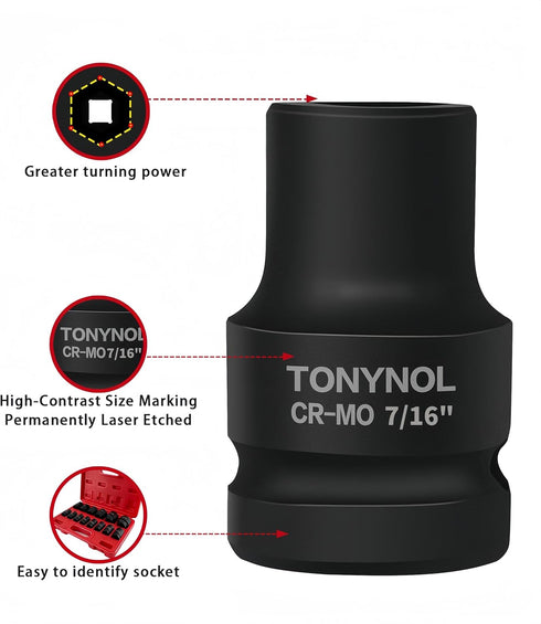 TONYNOL 1/2 Inch Set,6-Point,SAE(3/8" 1-1/4"),14 Shallow Drive Impact Socket to Pcs,Cr-Mo Steel,With a Storage Case
