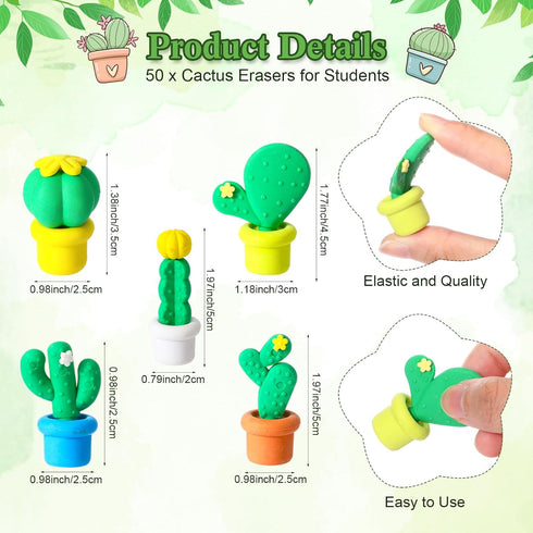 Spakon Christmas Erasers Gifts for Students, 50 Cactus Erasers, Plants Shaped, 25 Gift Cards, Organza Bags