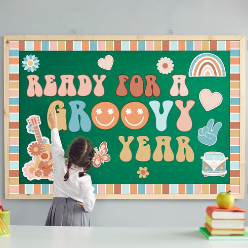 ZOiiWA Groovy Retro Bulletin Board Decoration Set Boho Hippie Classroom Kit with School Bus and Guitar Cutouts