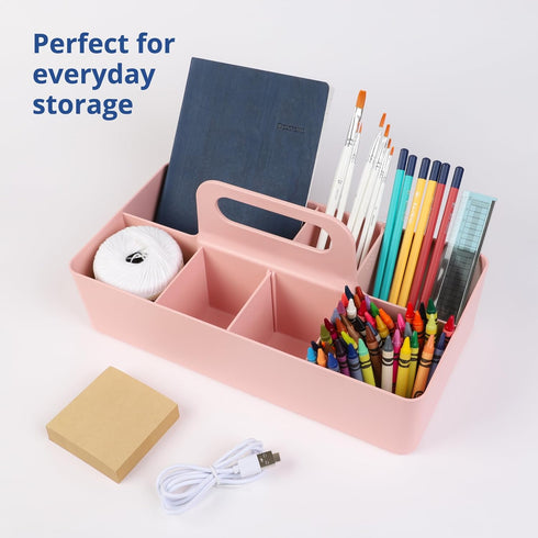 BLUE GINKGO Stackable Plastic Caddy Organizer with Handle - Multipurpose Desk, Makeup, Dorm, Classroom Art Caddy - Pink