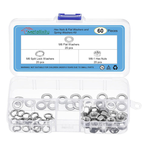 Hex Nuts Assortment Kit, 60Pcs M6-1 Hex Nuts with Flat Washers & Split Lock Washers, 304 Stainless Steel Hardware