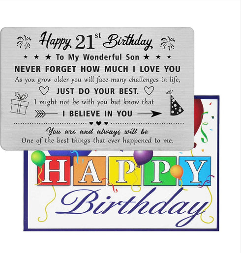 FALOGIJE 21st Birthday Card for Son, Gifts for 21 Year Old, Engraved Metal Wallet Card, Birthday Decorations for Him