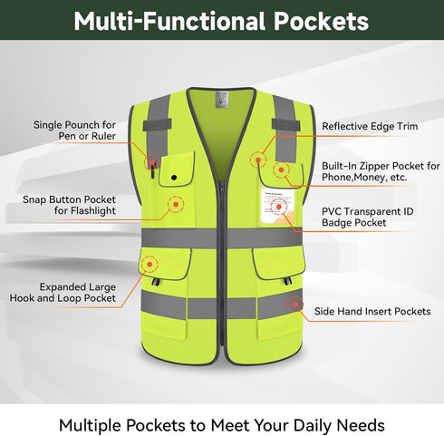 High Visibility Safety Vest for Men, 9 Pockets, Reflective Strips, ANSI Compliant, XG100-Yellow X-Large