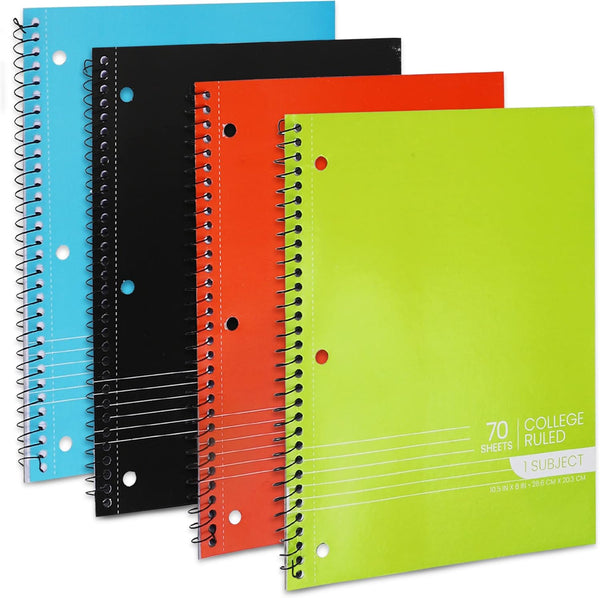 Spiral Notebooks, 1-Subject Notebook, College Ruled Spiral Notebooks - 70 Sheets - 3 Hole Punched, 1 Subject Notebooks