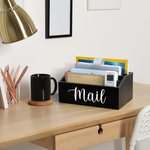 DRASTAR Mail Organizer Countertop - Wood Mail Holder with 4 Slots, Bill Organizer for Home Office