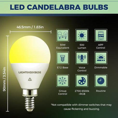 E12 Bulbs 50W 5W 550LM, G16.5 Bulb, 2.4G 2PCS Lightinginside Matter Smart Light Equivalent Compatible
