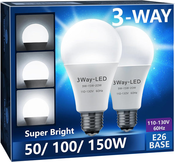 Briignite 3 Way LED Light Bulbs, 2 Pack, 50-100-150W Equivalent Daylight White 5000K, E26 Medium Base,