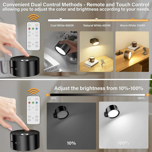 Remote,3 Dimmable 360 Reading,Bedroom,Closet,2 Pack LED Wall Mounted Lights,Rechargeable Battery Operated Wall Sconce