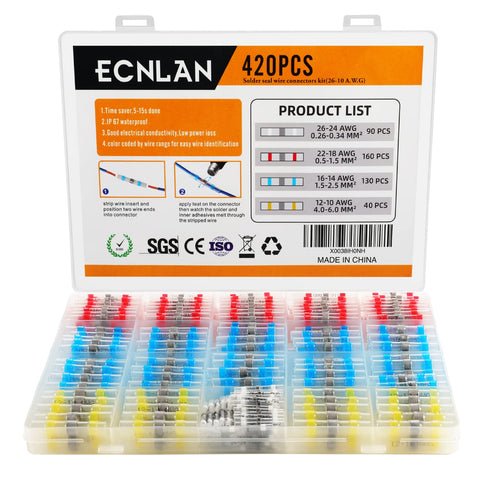 420PCS Solder Seal Wire Connectors, ECNLAN Insulated & Waterproof Wire Connector Kit for Marine Automotive