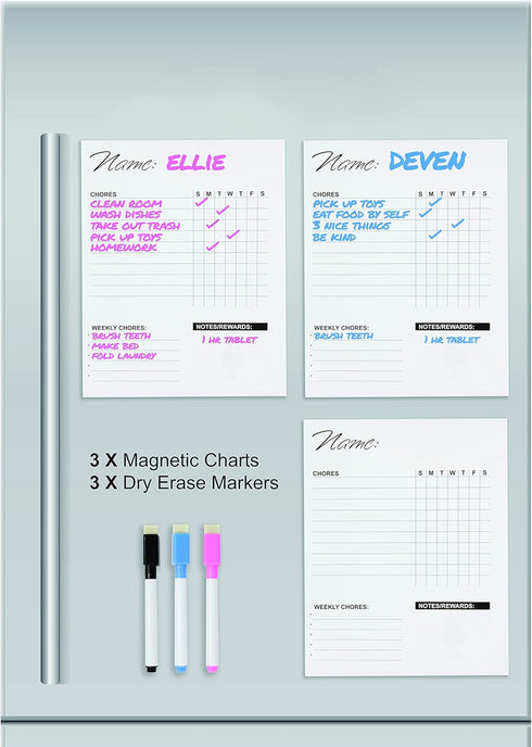 Dry Erase Chore Chart for Kids, Set of 3 (11x14 Inch) Magnetic Responsibility Chart with 3 Dry Erase Markers