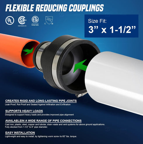 Supply Giant Flexible PVC Reducing Coupling, 6I54 with Stainless Steel Clamps, 3.5" x 1.9" Inner Diameter