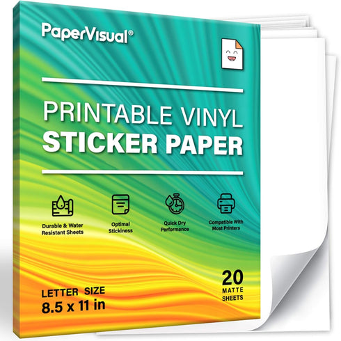 Printable Permanent Vinyl Paper, 20 Sticker Sheets for Printer, Matte White Waterproof, Thick Tear-Resistant