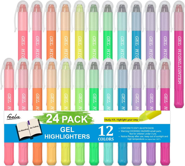 feela 24 Pack Gel Highlighters - 12 Assorted Colors, No Bleed Through for Highlighting Journal School Office