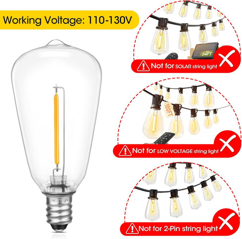 E12/C7 Bulbs ST38 1W Bulb, 2200K, 50 Pack VISTERLITE Base LED Replacement for Outdoor String Lights - Not Solar