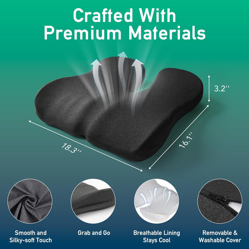 Ergonomic Seat Cushion for Office Chair High-Density Memory Foam Support with U-Shaped Coccyx Cut-Out, Stable Comfort
