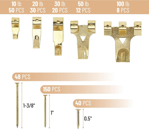 Mr. Pen Picture Hanging Kit, 410pc Gold, Hangers, Nails for Hanging Pictures, Wall Hooks, Frame Hanging Hardware