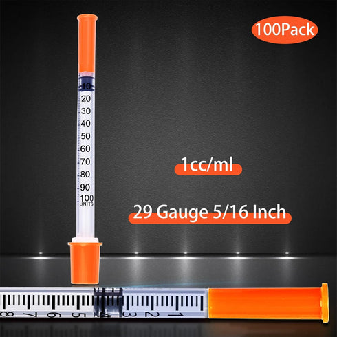 1ml/cc 29G 5/16 Inch U-100 100 Pack Syringes, Scientific Lab Syringe, Individual Wrapped