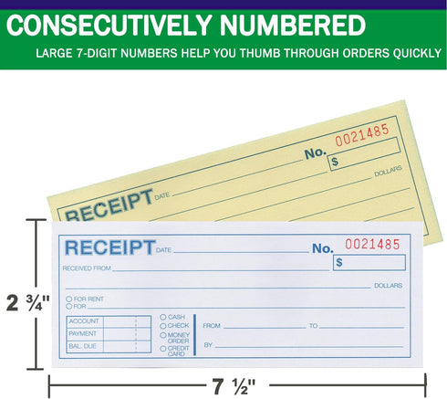Gimehome 50 Sets 7 1/2" 2 3/4" 2-Part Cover(3pack) Money or Rent Receipt Book, x Carbonless, White & Canary, Bound