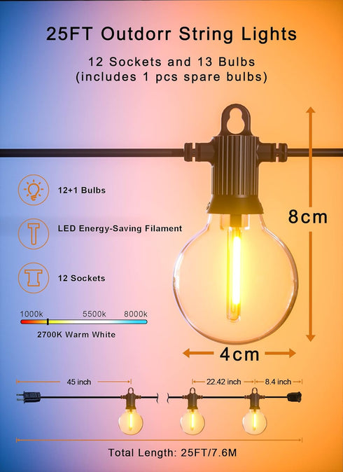 25FT 13 G40 Bulb(1 Dimmable 2700K Zuske Outdoor String Lights, Patio Lights with Shatterproof Globe Spare), Waterproof