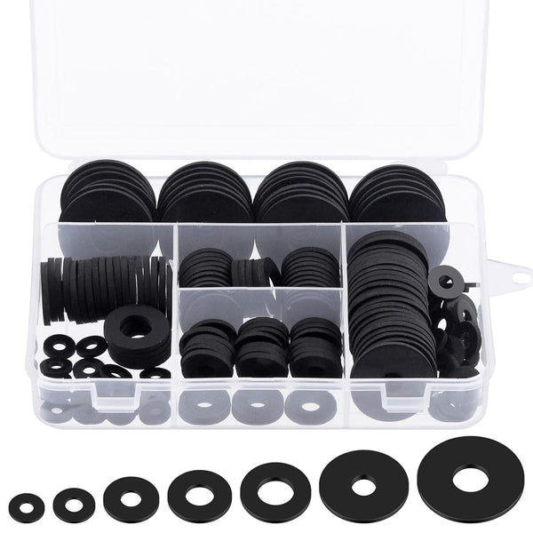 Glarks 175Pcs Flat Rubber Washers Assortment Kit, 10/12/16/18/20/25/30mm Heavy Duty Black Rubber Washers