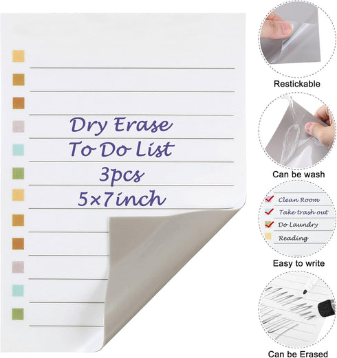 Yoption 3pcs Dry Erase to Do List: 5''x7'', 8pcs Dry Erase Sticky Notes 4''x4'', Set of 14 for Reusable Planning