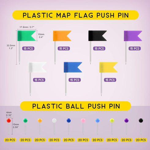 Swpeet 305Pcs Assortment Kit of Colorful Push Pins Tacks, 1/8 inch Ball Round Head and 7/10 inch Map Flag Tacks