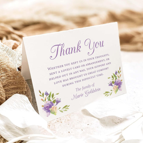5.5x4.25 Purple Flowers Sympathy Thank You Cards, Custom Funeral Thank You Cards with Name, Personalized Bereavement