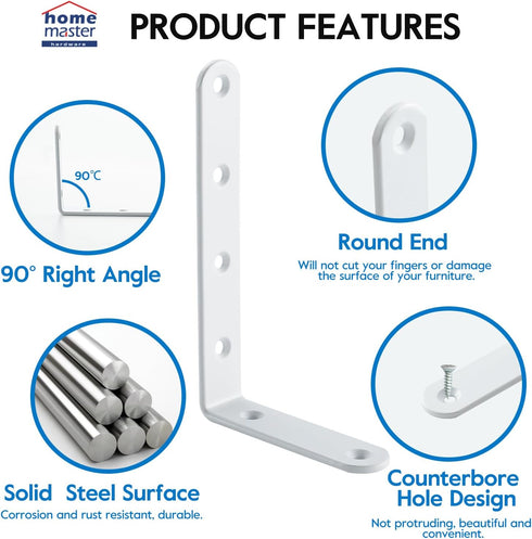 HOME MASTER HARDWARE 8 Pack Brace,5" 3" Corner Brace Shelf Bracket L Shelf Bracket Heavy Duty White Steel L Corner x