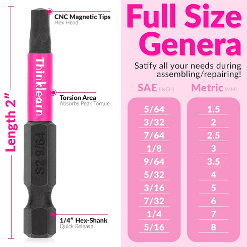 Pink Hex Head Allen Wrench Drill Bit Set, 20pcs (Metric&SAE), 1/4” Hex-Shank S2 Steel with Quick-Change Adapter
