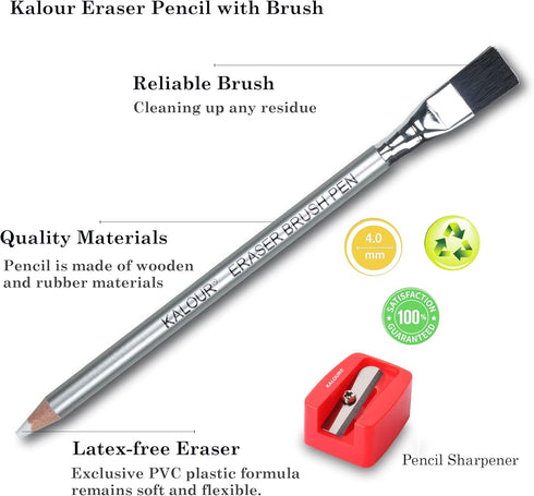 KALOUR Detail Eraser Pencil, 6pc Eraser Pencils with Brush and 2pc Sharpener, Fine Detail Eraser for Sketching,