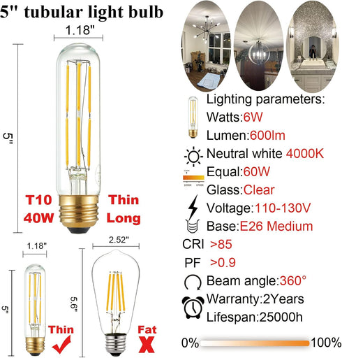 LiteHistory Tubular Light Bulb, 6W Equal E26 LED Bulb, 60 Watt Dimmable, Neutral White 4000K, Pack of 6