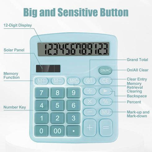Desktop Calculator, Light Blue, Big Buttons, 12-Digits Large LCD Display for Office
